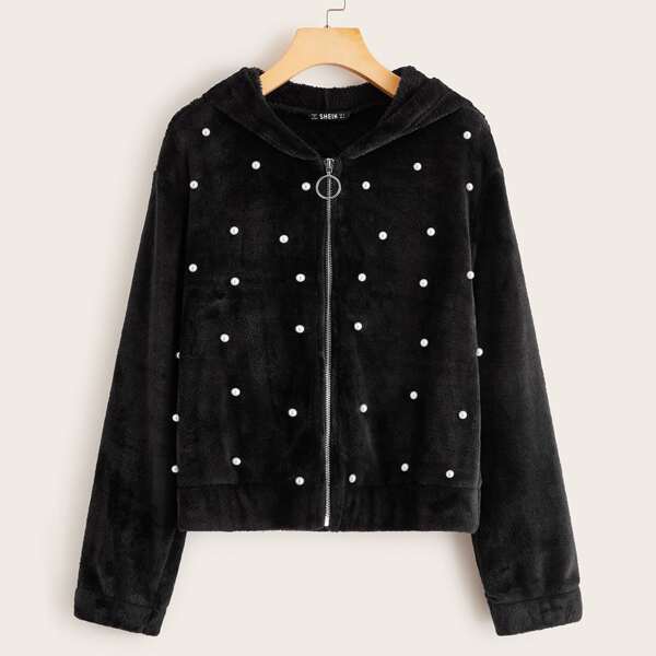 

Pearls Beaded Zipper Up Hooded Flannel Jacket, Black