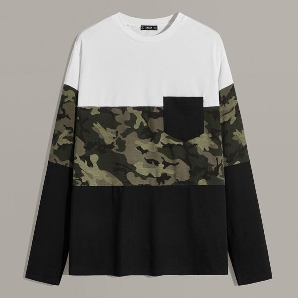 

Men Patch Pocket Camo Print Colorblock Tee, Multicolor