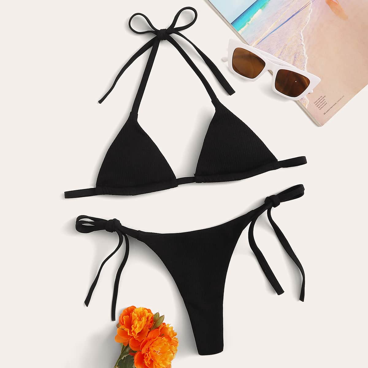 

Triangle Halter Top With Tie Side Bikini Set, Black