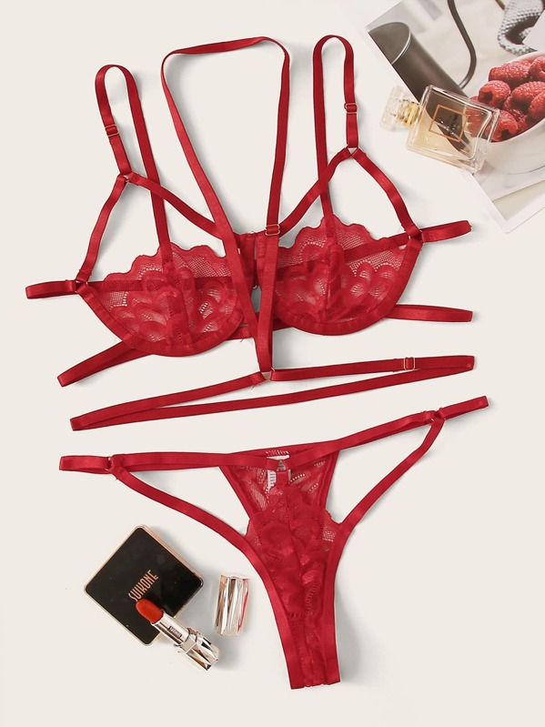 

Floral Lace Underwire Choker Lingerie Set, Red