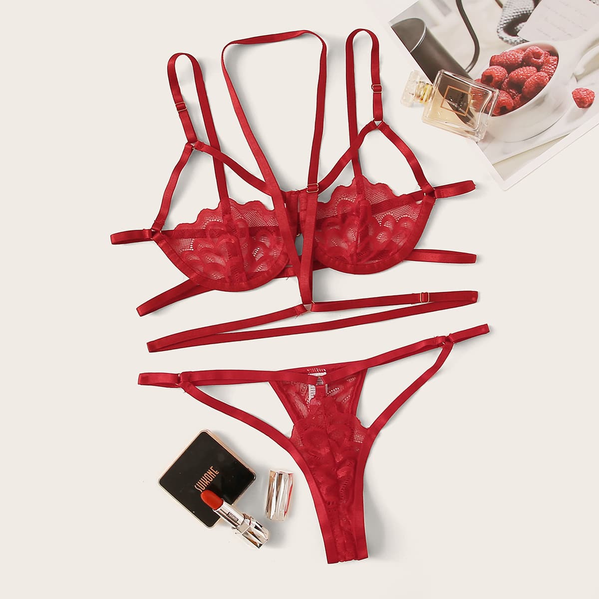 

Floral Lace Underwire Choker Lingerie Set, Red