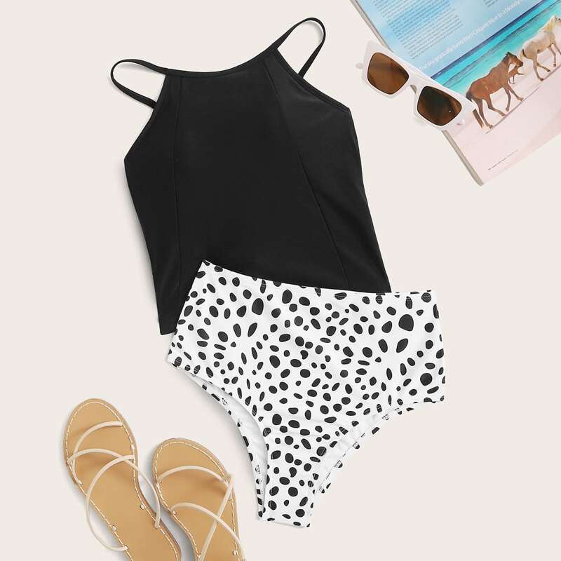 

Criss Cross Back Top With Spot Pattern Tankini, Black and white