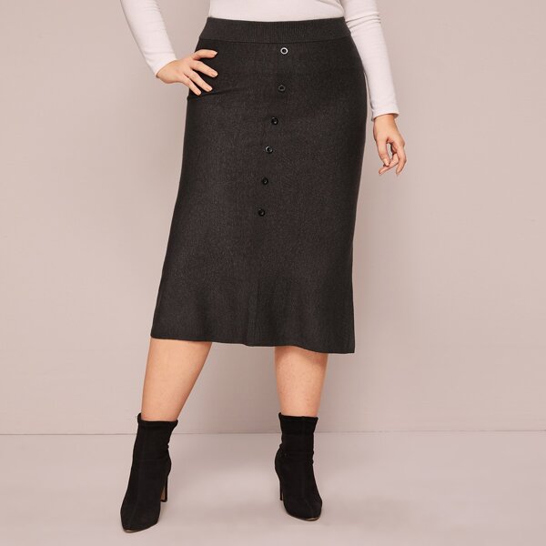 

Plus Single Breasted Knit Skirt, Black
