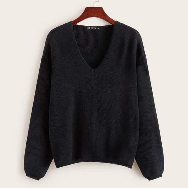 

V Neck Drop Shoulder Solid Sweater, Black