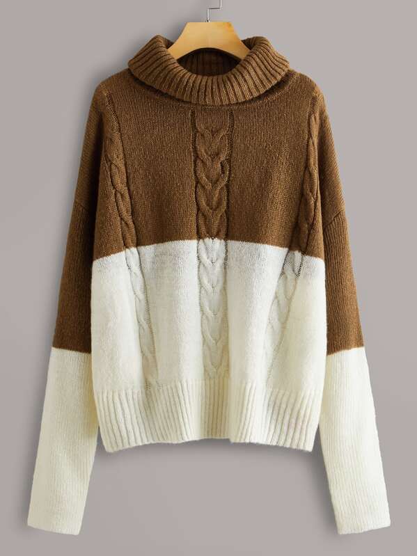 

Turtle Neck Drop Shoulder Colorblock Sweater, Multicolor