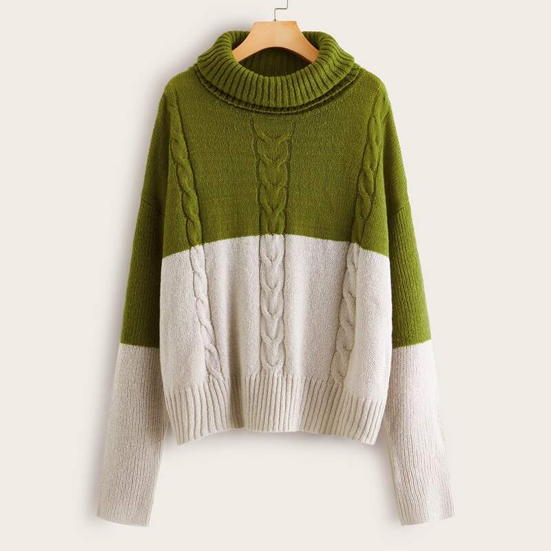 

Turtle Neck Drop Shoulder Two Tone Cable Knit Sweater, Multicolor