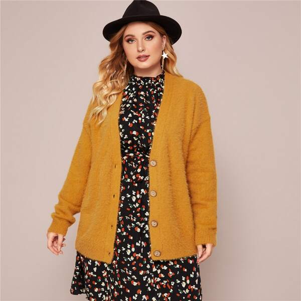 

Plus Drop Shoulder Single Breasted Fluffy Sweater Coat, Bright mustard yellow