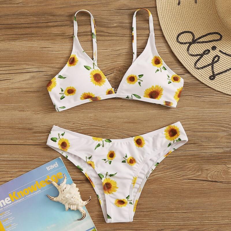 

Sunflower Print Spaghetti Strap Bikini Set, Multicolor
