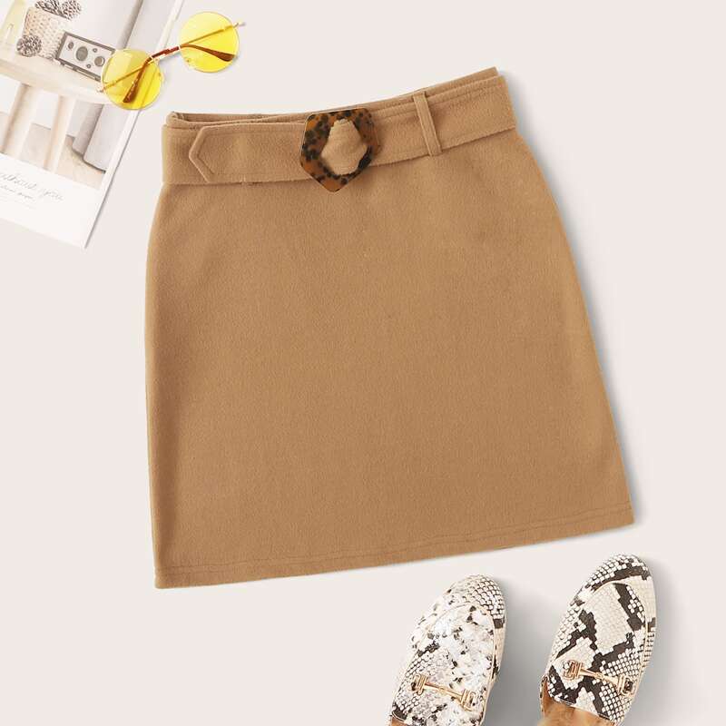 

Buckle Belted Mini Skirt, Khaki