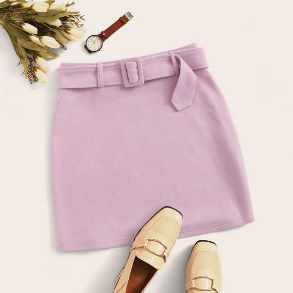 

Solid Buckle Belted Mini Skirt, Purple pastel