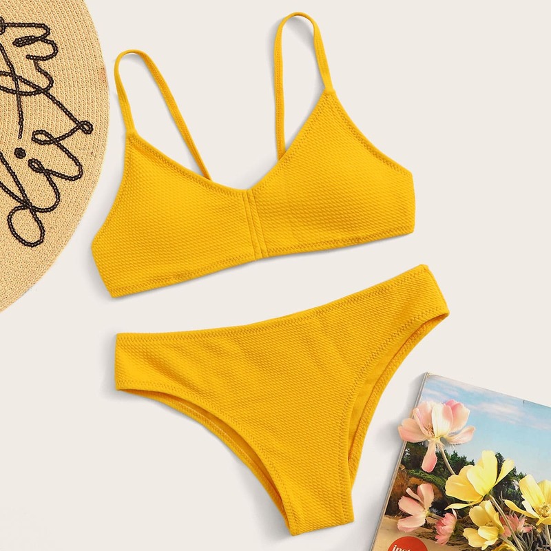 

Solid Spaghetti Strap Top With Low Rise Bikini Set, Yellow