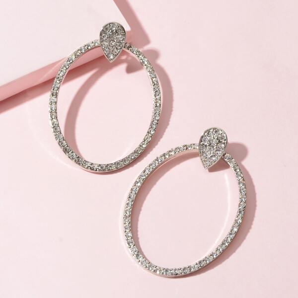 

1pair Rhinestone Engraved Hoop Earrings, Silver