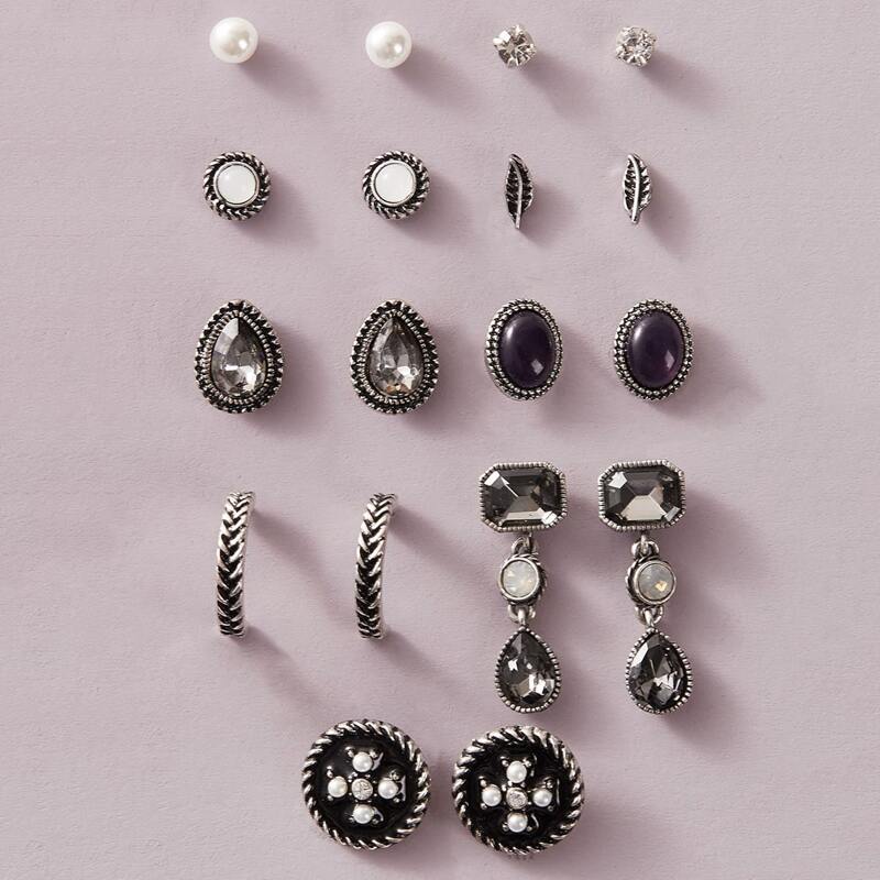 

9pairs Faux Pearl & Leaf Decor Earrings Set, Multicolor