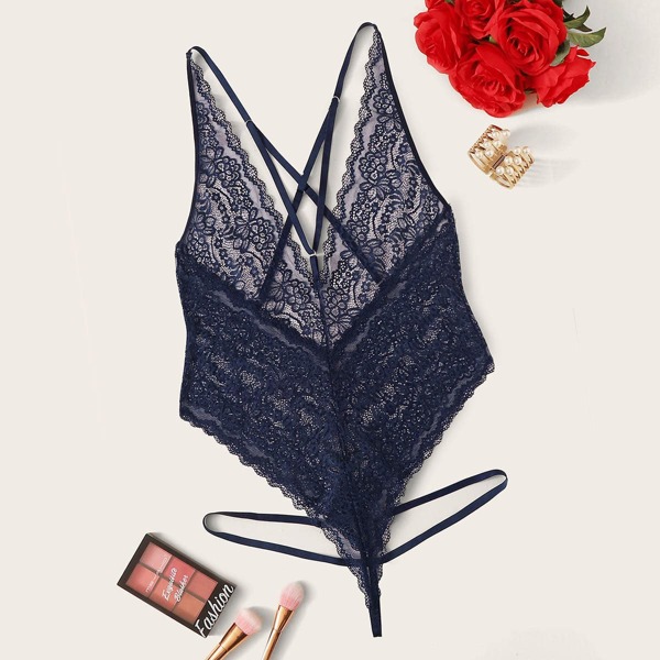 

Plus Floral Lace Teddy Bodysuit, Navy