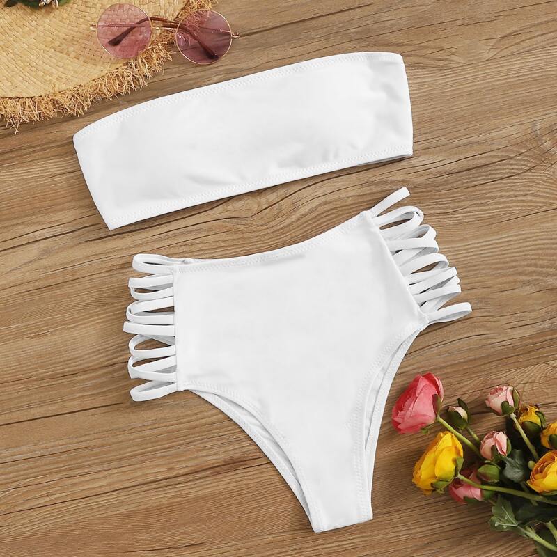 

Bandeau Top With Side Ladder Cutout Bikini Set, White