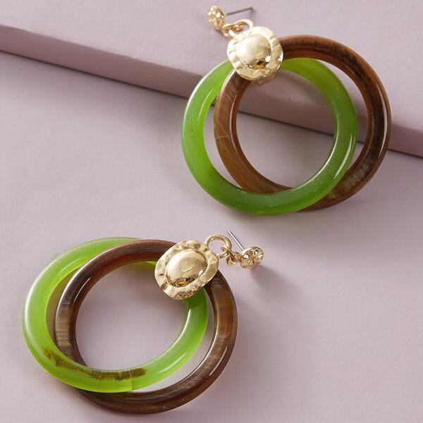 

1pair Color Block Double Circle Drop Earrings, Multicolor