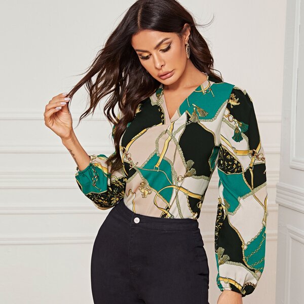 

Chain And Graphic Print V Neck Blouse, Multicolor