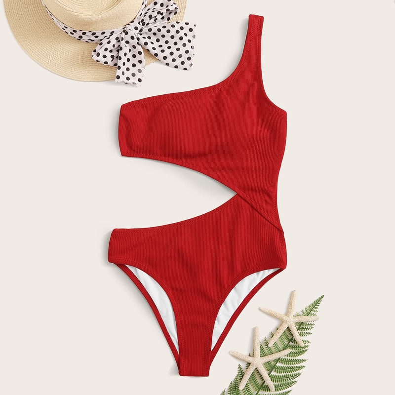 

One Shoulder Cutout One Piece Swimwear, Red