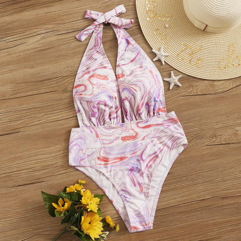 

Allover Print Halter Open Back One Piece Swimwear, Multicolor