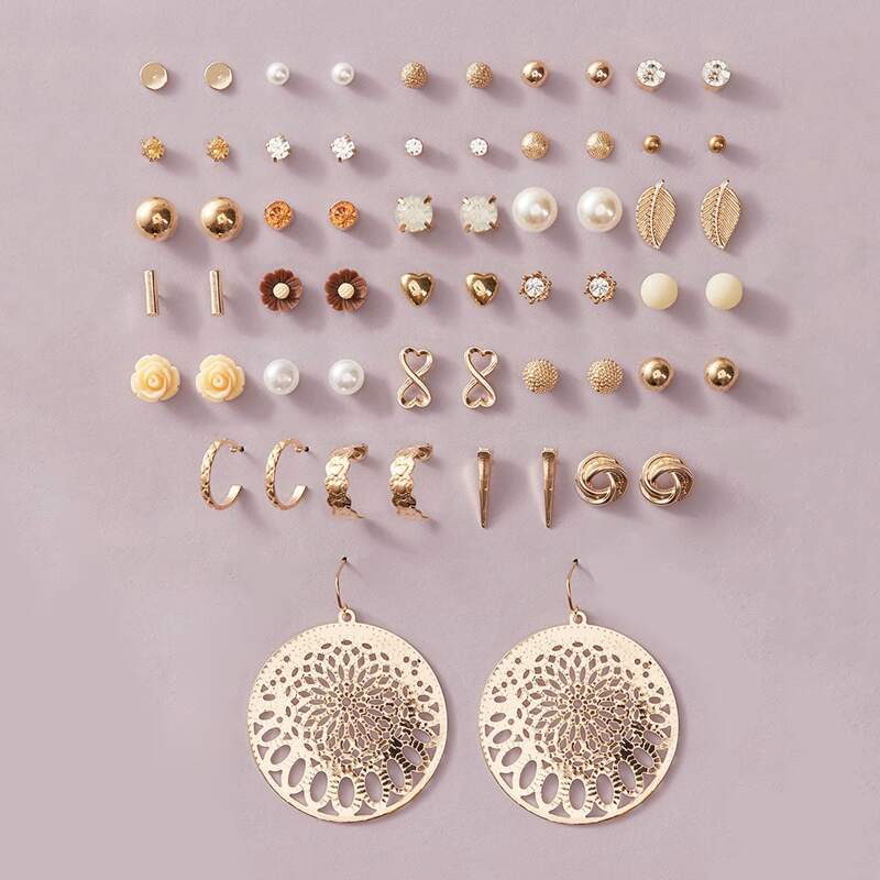 

30pairs Faux Pearl & Flower Decor Earrings Set, Multicolor