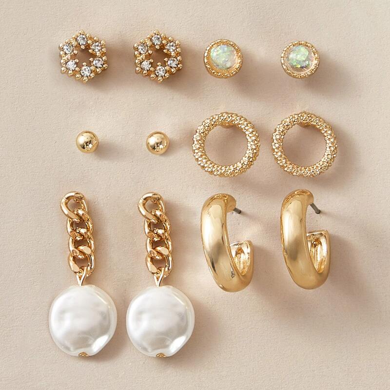 

6pairs Faux Pearl & Flower Decor Earrings Set, Gold