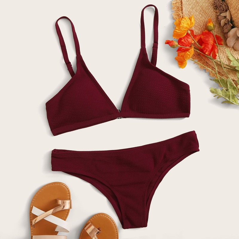 

V-neck Top With Low Rise Bikini Set, Burgundy