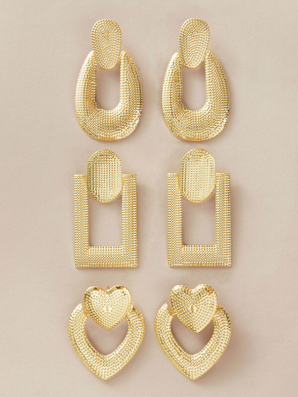 

3pairs Textured Geometric Earrings Set, Gold