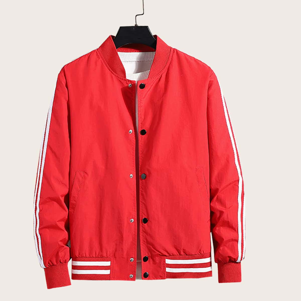 

Guys Single Breasted Pocket Striped Bomber Jacket, Red bright
