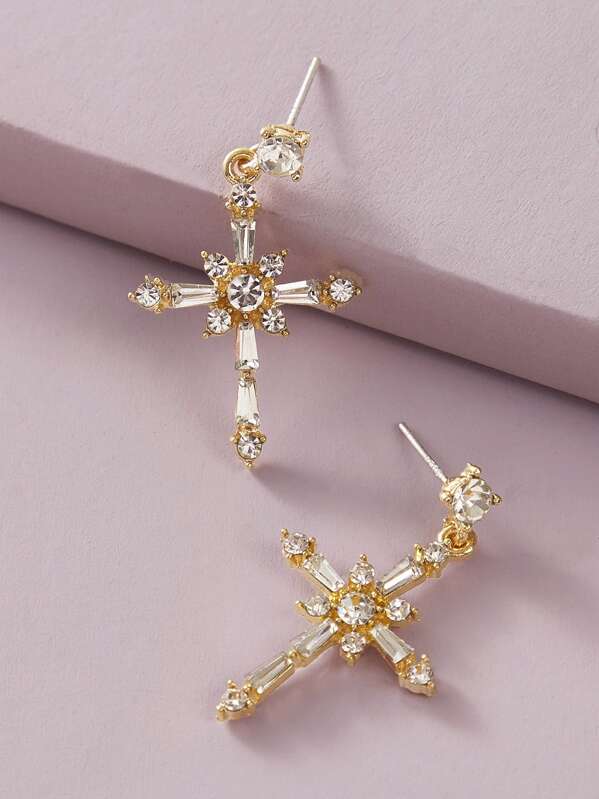 

1pair Rhinestone Engraved Cross Drop Earrings, Gold