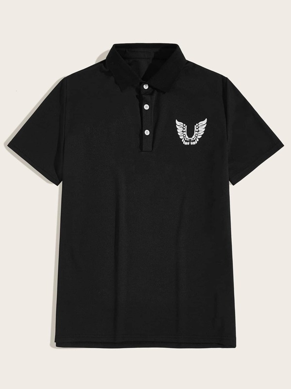 

Men Graphic Print Polo Shirt, Black