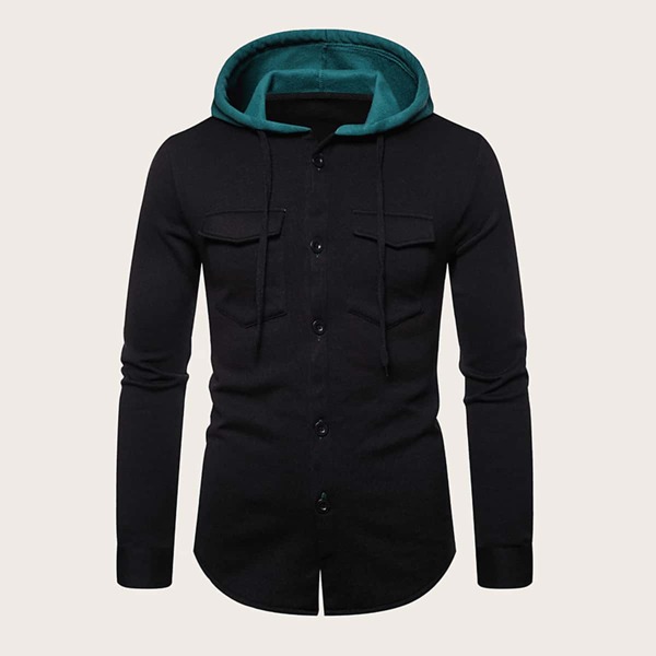

Men Flap Pocket Button Through Drawstring Hoodie, Black