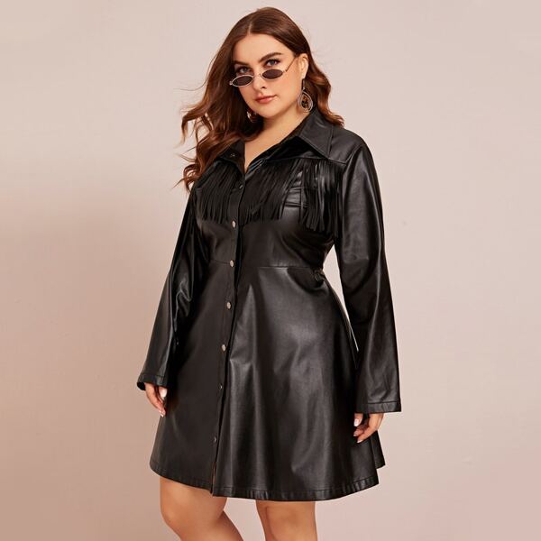 

Plus Fringe Trim PU Leather Shirt Dress, Black