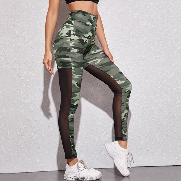 

Camo Print Contrast Mesh Leggings, Multicolor