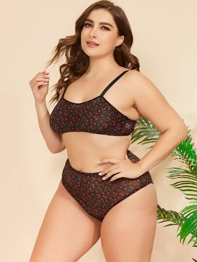 Plus Cherry Print Mesh Lingerie Set