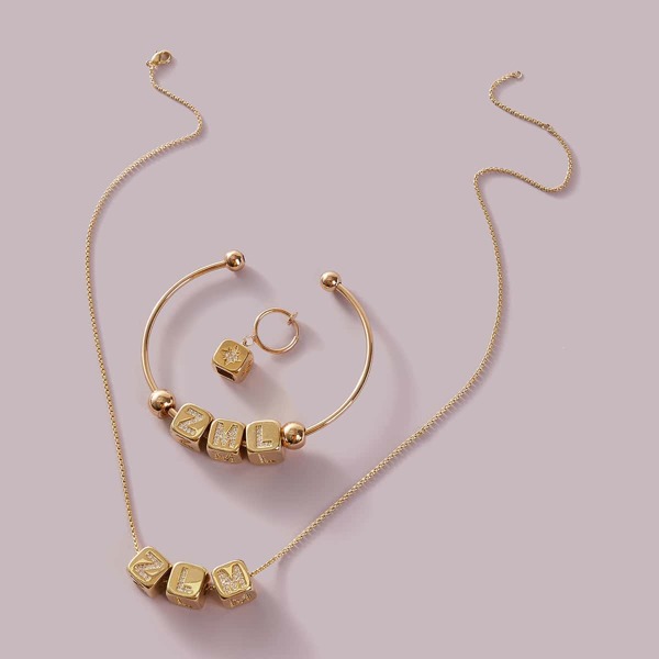

3pcs Letter Engraved Dice Charm Necklace & Earring & Bracelet