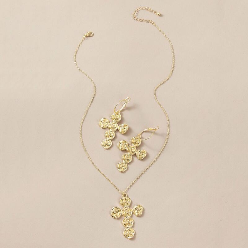 

3pcs Rose Cross Charm Necklace & Earrings