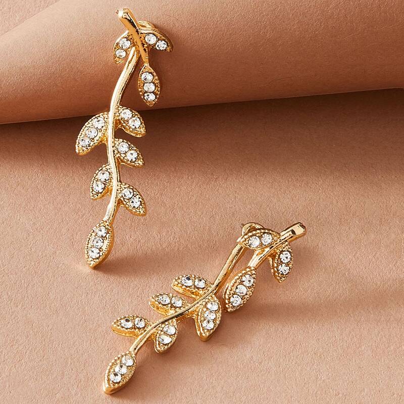 

1pair Rhinestone Engraved Leaf Design Double Stud Earrings, Gold