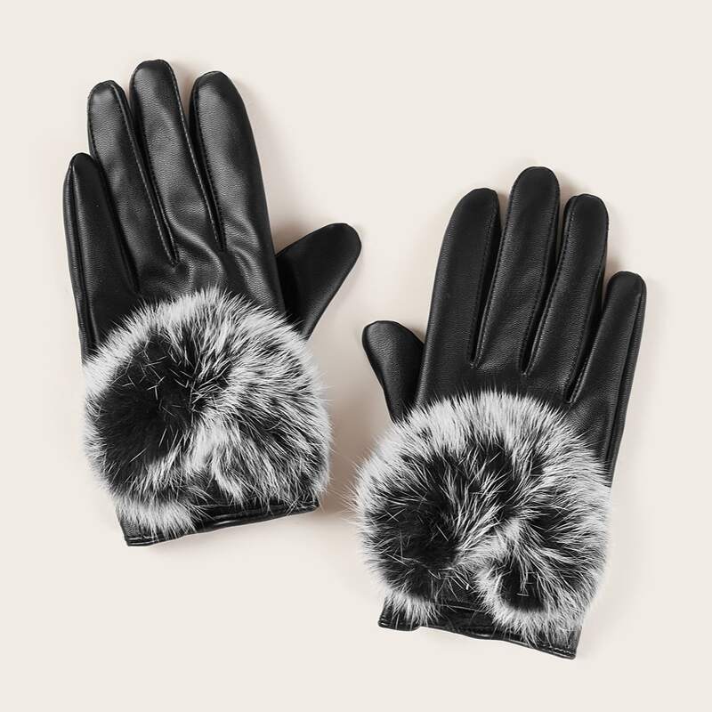 

Fluffy Pom Pom PU Leather Gloves, Black