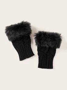 1pair Fluffy Trim Knitted Gloves - Black - View 1