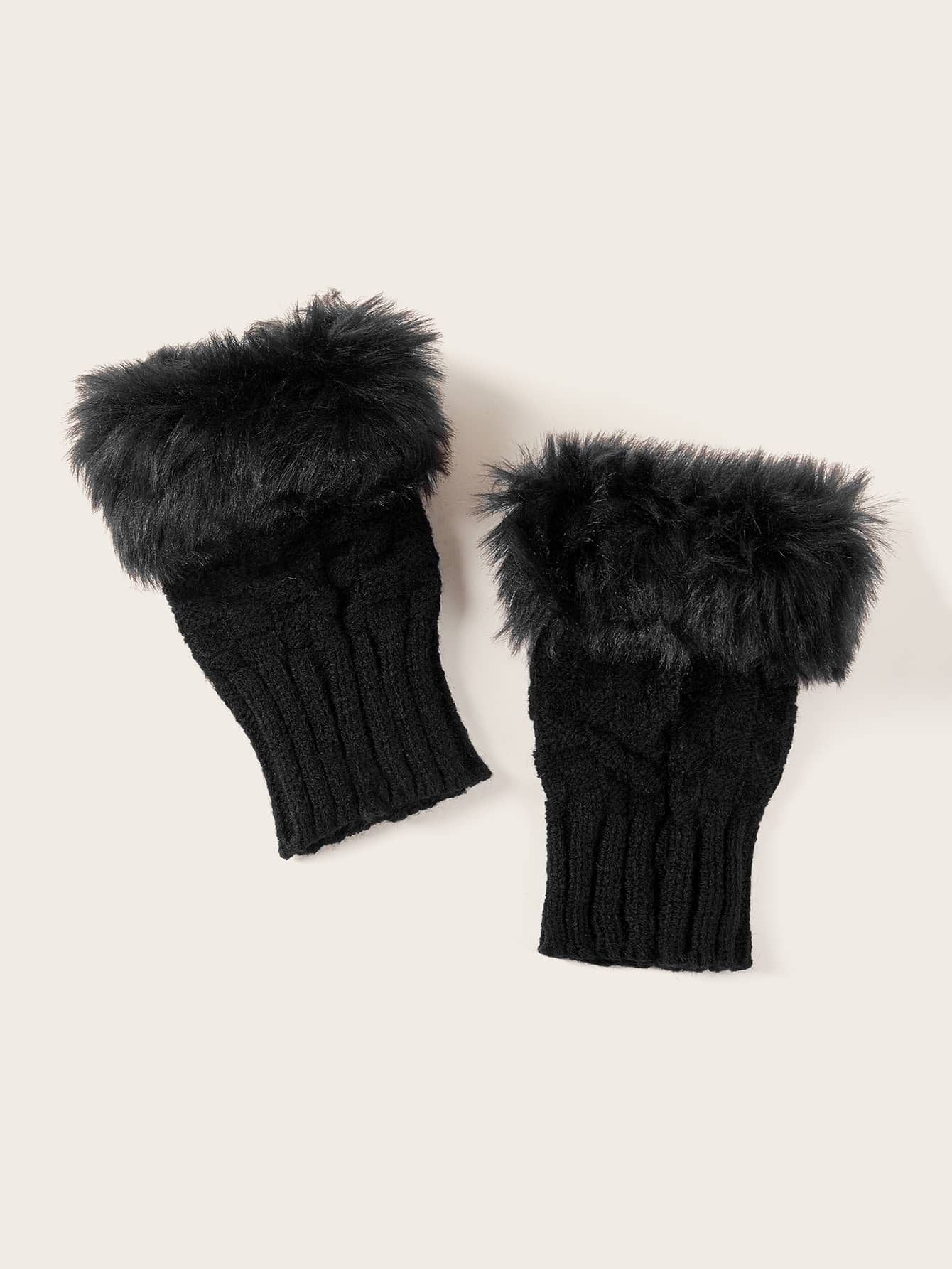 1pair Fluffy Trim Knitted Gloves - Black - View 1