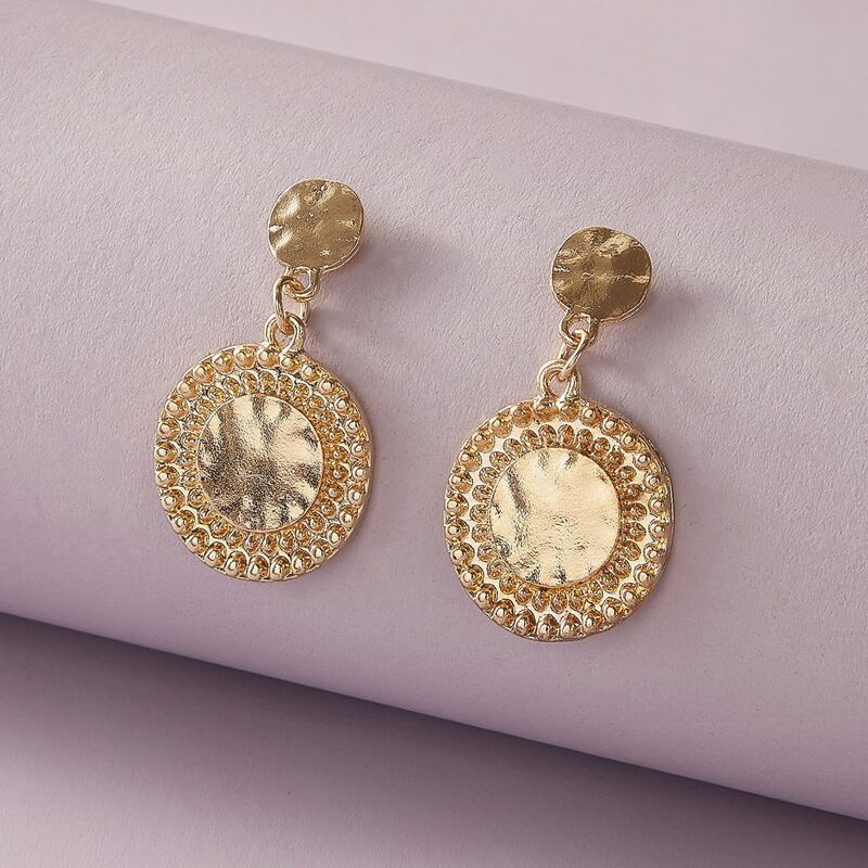 

1pair Textured Round Drop Earrings, Gold