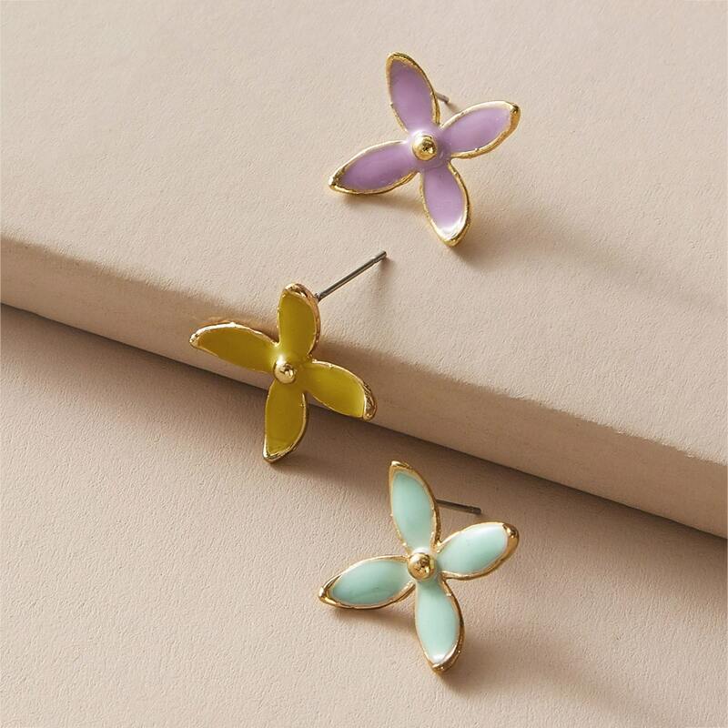 

3pcs Flower Decor Stud Earrings, Multicolor