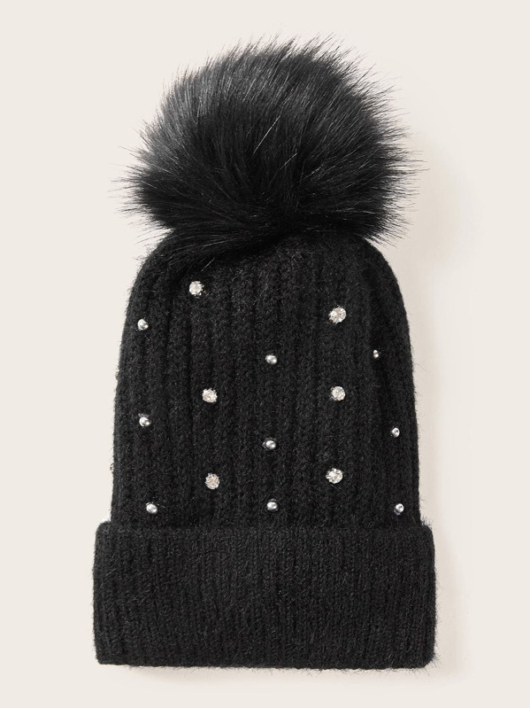 

Rhinestone Decor Cuffed Knit Beanie, Black