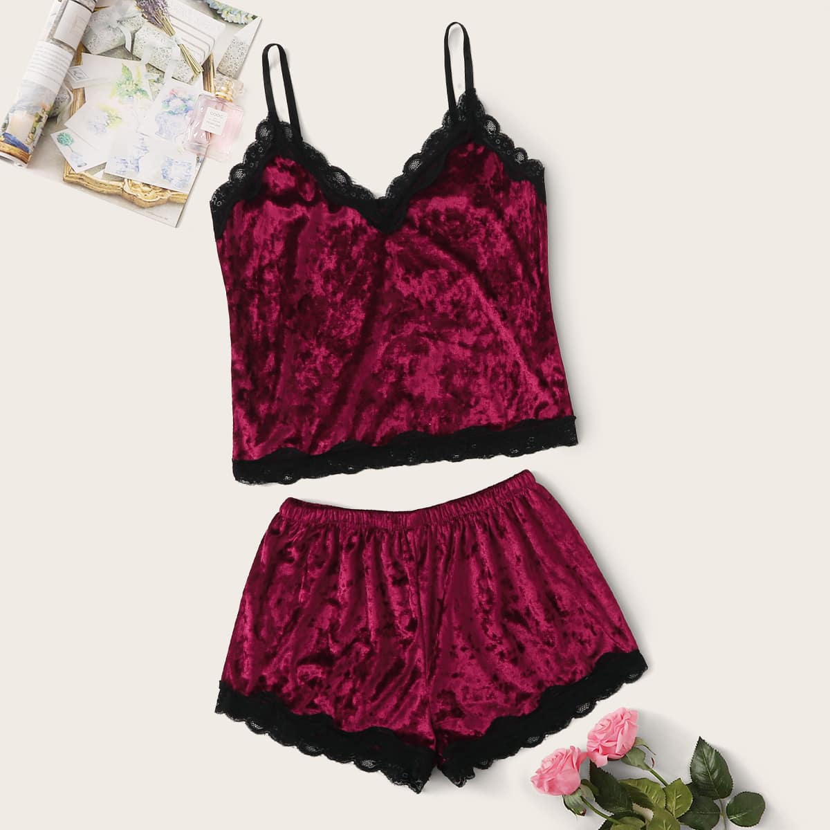 

Lace Trim Velvet Cami PJ Set, Burgundy