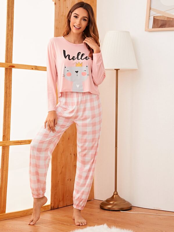 

Buffalo Plaid & Cartoon Cat Print PJ Set, Pink, Gabi