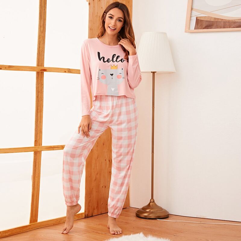 

Buffalo Plaid & Cartoon Cat Print PJ Set, Pink