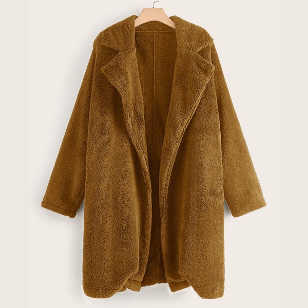 

Plus Open Front Lapel Collar Teddy Coat, Camel
