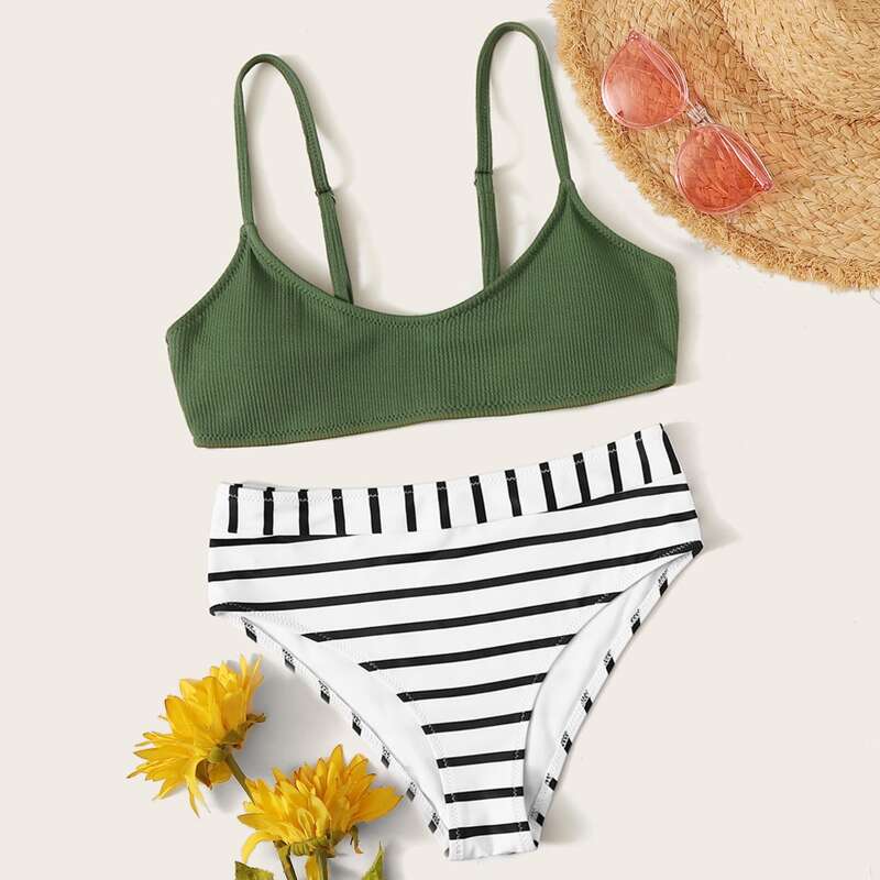 

Rib-knit Top Striped Brief Bikini Swimsuit, Multicolor