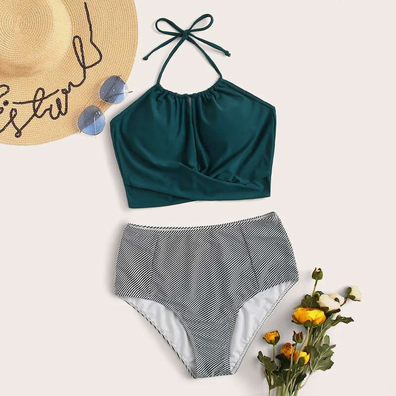 

Wrap Halter High Waist Bikini Swimsuit, Multicolor