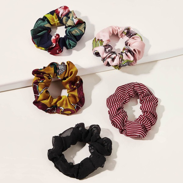 

5pcs Flower & Striped Hair Tie, Multicolor